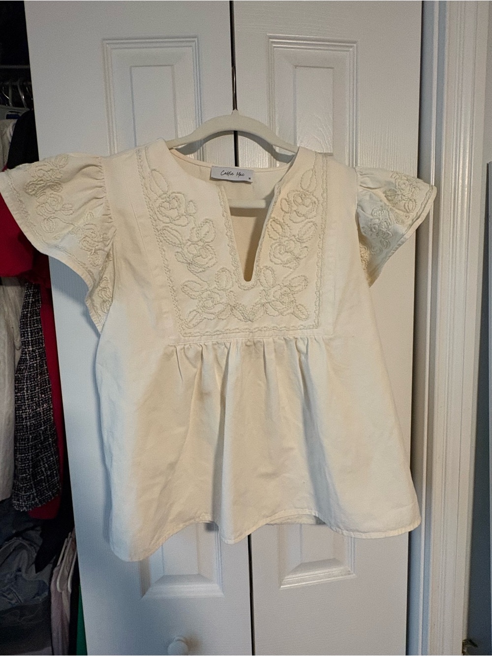 Little Me Cream Embroidered Flutter-Sleeve Top